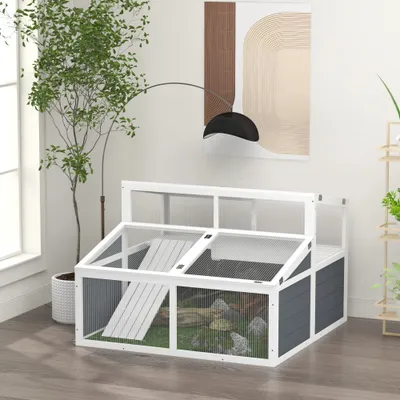 PawHut - Enclos 2 espaces toit polycarbonate 3 portes rampe bois-gris blanc PawHut - Enclos 2 espaces toit polycarbonate 3 portes rampe bois-gris blanc
