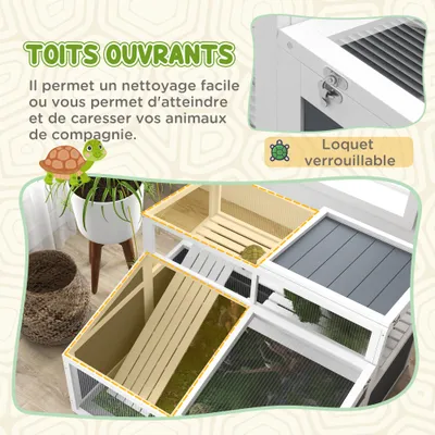PawHut - Enclos 2 espaces toit polycarbonate 3 portes rampe bois-gris blanc PawHut - Enclos 2 espaces toit polycarbonate 3 portes rampe bois-gris blanc