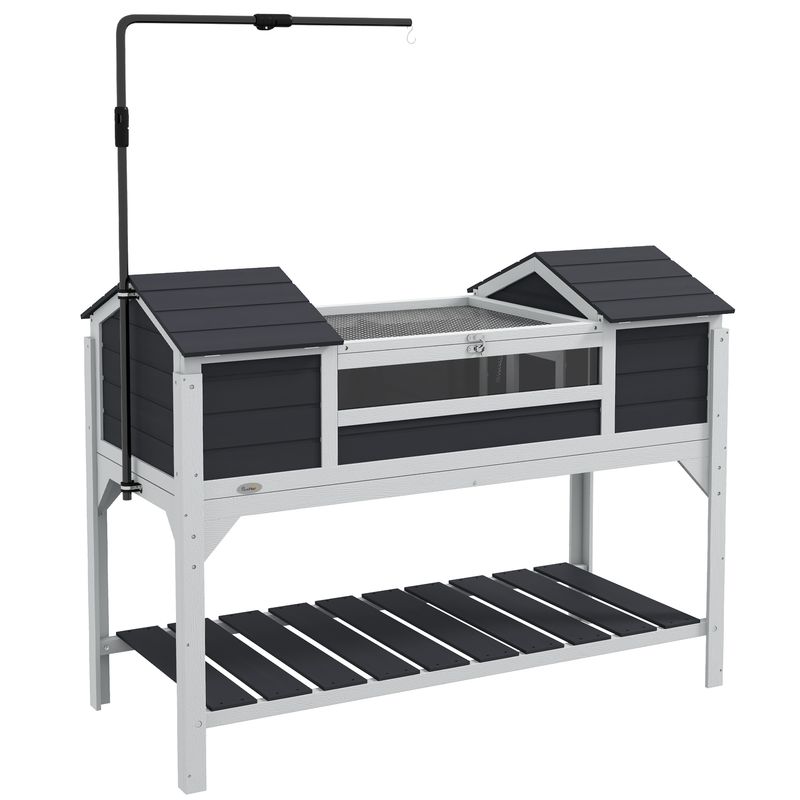 PawHut - Enclos Tortue 2 Niches: Toit Ouvrable, Lampe Réglable - Blanc Gris