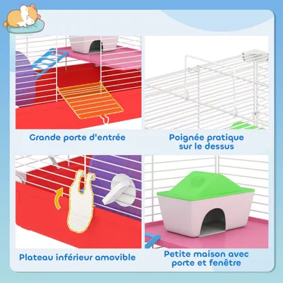 PawHut - Cage Hamster 2 Niveaux avec Accessoires H.27cm-Blanc Rouge PawHut - Cage Hamster 2 Niveaux avec Accessoires H.27cm-Blanc Rouge