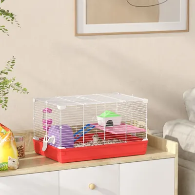 PawHut - Cage Hamster 2 Niveaux avec Accessoires H.27cm-Blanc Rouge PawHut - Cage Hamster 2 Niveaux avec Accessoires H.27cm-Blanc Rouge