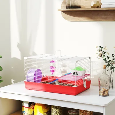 PawHut - Cage Hamster 2 Niveaux avec Accessoires H.27cm-Blanc Rouge PawHut - Cage Hamster 2 Niveaux avec Accessoires H.27cm-Blanc Rouge