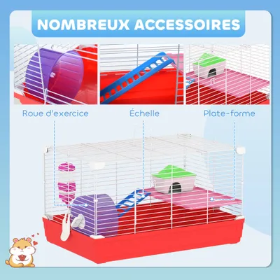 PawHut - Cage Hamster 2 Niveaux avec Accessoires H.27cm-Blanc Rouge PawHut - Cage Hamster 2 Niveaux avec Accessoires H.27cm-Blanc Rouge