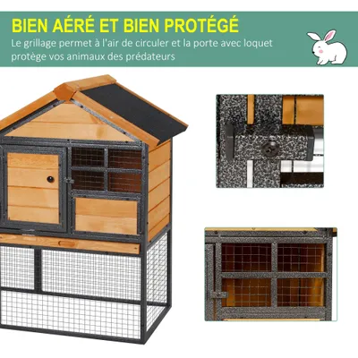PawHut - Clapier cottage niche sup. rampe enclos extérieur métal - bois