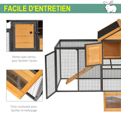 PawHut - Clapier cottage niche sup. rampe enclos extérieur métal - bois