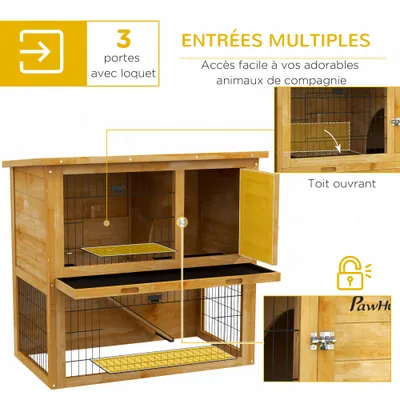 PawHut - Clapier à lapin 2 étages 3 portes verrouillables bois pré-huilé
