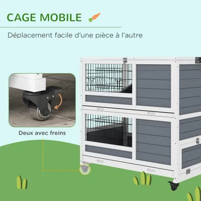 PawHut - Clapier à Lapin sur Roulettes 2 Niveaux avec Rampe - Gris Blanc