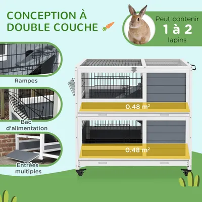 PawHut - Clapier à Lapin sur Roulettes 2 Niveaux avec Rampe - Gris Blanc