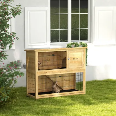 PawHut - Clapier à lapin 2 étages 3 portes verrouillables bois pré-huilé