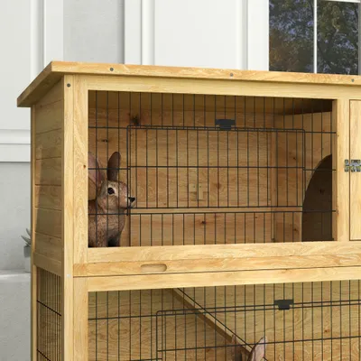 PawHut - Clapier à lapin 2 étages 3 portes verrouillables bois pré-huilé