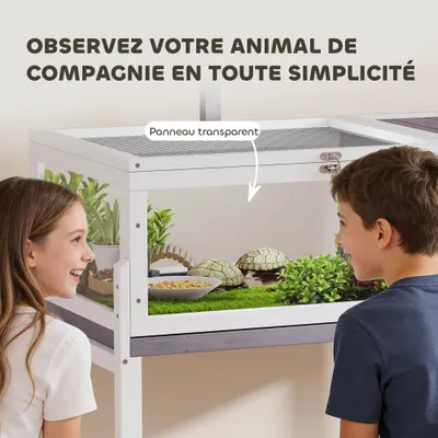 PawHut - Terrarium Tortue avec niche support lampe - bois gris blanc