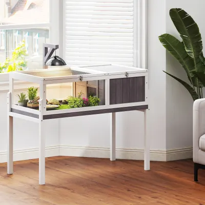 PawHut - Terrarium Tortue avec niche support lampe - bois gris blanc