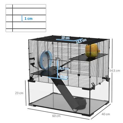 PawHut - Cage hamster-3 niveaux avec roue-H.57cm-noir