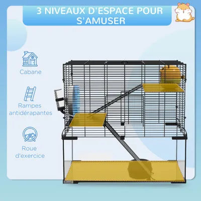 PawHut - Cage hamster-3 niveaux avec roue-H.57cm-noir