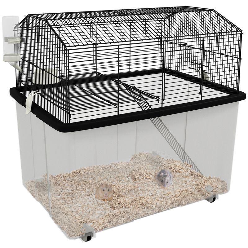 PawHut - Cage hamster 2 étages avec roues, plate, éch, acc - trans noir