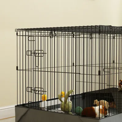 PawHut - Cage cochon d'inde 2 zones plateforme rampe portes-noir et gris PawHut - Cage cochon d'inde 2 zones plateforme rampe portes-noir et gris