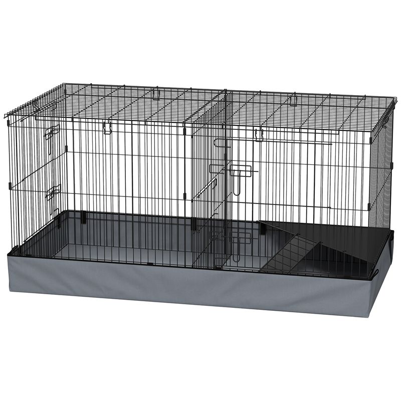 PawHut - Cage cochon d'inde 2 zones plateforme rampe portes-noir et gris