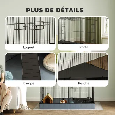 PawHut - Cage cochon d'inde 2 zones plateforme rampe portes-noir et gris PawHut - Cage cochon d'inde 2 zones plateforme rampe portes-noir et gris