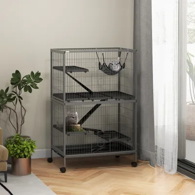 PawHut - Cage furet chinchilla 4 plateformes 3 rampes hamac - gris noir PawHut - Cage furet chinchilla 4 plateformes 3 rampes hamac - gris noir