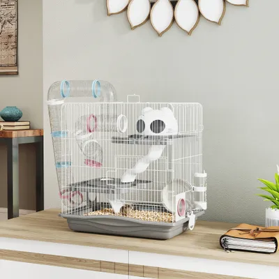 PawHut - CageHamster3niveauxavecaccessoiresH.45cm-blancgris
