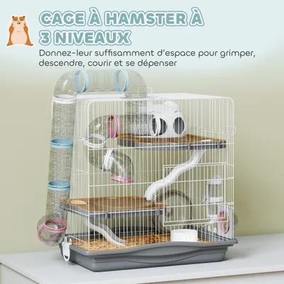 PawHut - CageHamster3niveauxavecaccessoiresH.45cm-blancgris