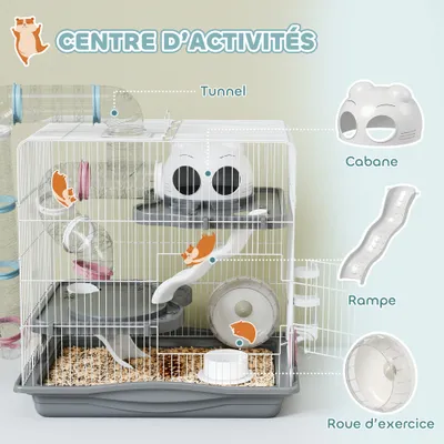 PawHut - CageHamster3niveauxavecaccessoiresH.45cm-blancgris