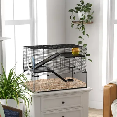 PawHut - cage hamster 3 niveaux avec roue, maisonnette H.54cm-noir