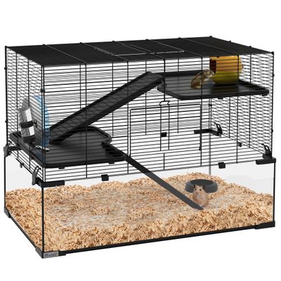 PawHut - cage hamster 3 niveaux avec roue, maisonnette H.54cm-noir