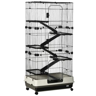 PawHut - Cage rongeur sur roulettes 5 étages 3 portes plateau - noir gris