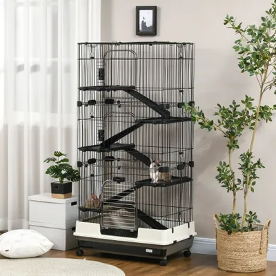 PawHut - Cage rongeur sur roulettes 5 étages 3 portes plateau - noir gris PawHut - Cage rongeur sur roulettes 5 étages 3 portes plateau - noir gris
