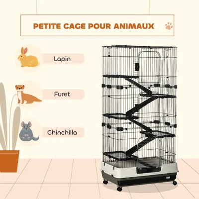 PawHut - Cage rongeur sur roulettes 5 étages 3 portes plateau - noir gris PawHut - Cage rongeur sur roulettes 5 étages 3 portes plateau - noir gris