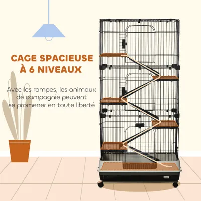 PawHut - Cage rongeur sur roulettes 5 étages 3 portes plateau - noir gris PawHut - Cage rongeur sur roulettes 5 étages 3 portes plateau - noir gris