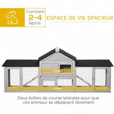 PawHut - Clapier XXL 2 étages toit bitumé tiroir déjection H.85cm - gris
