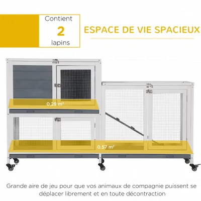 PawHut - Clapier à lapin 2 niveaux avec roulettes-blanc gris