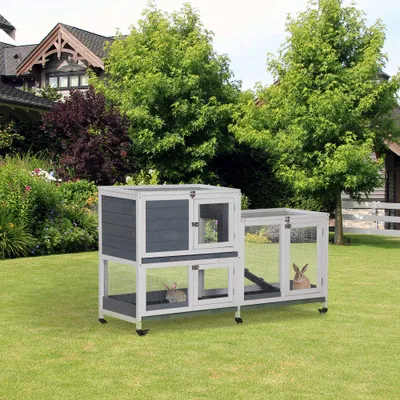 PawHut - Clapier à lapin 2 niveaux avec roulettes-blanc gris