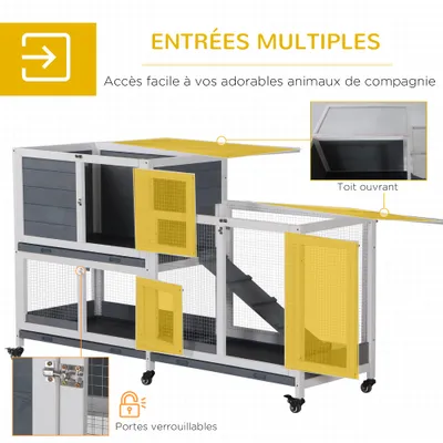 PawHut - Clapier à lapin 2 niveaux avec roulettes-blanc gris