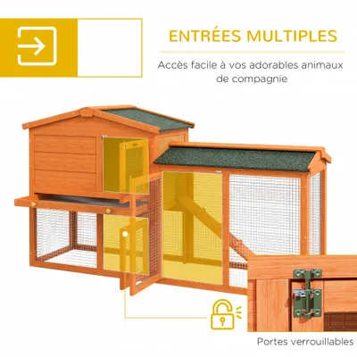 PawHut - Clapier 2 niveaux 3 portes verrouillables tiroir déjection H.85 cm