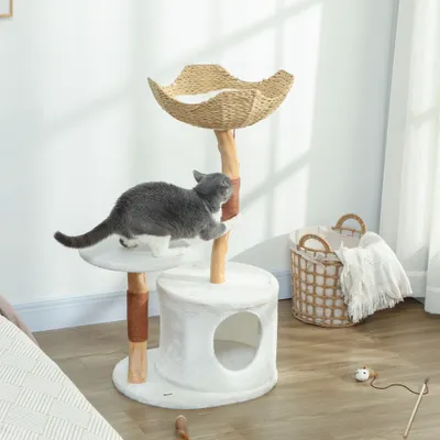 PawHut - Arbre à chat en bois naturel avec griffoirs et panier tressé PawHut - Arbre à chat en bois naturel avec griffoirs et panier tressé