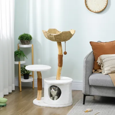 PawHut - Arbre à chat en bois naturel avec griffoirs et panier tressé PawHut - Arbre à chat en bois naturel avec griffoirs et panier tressé