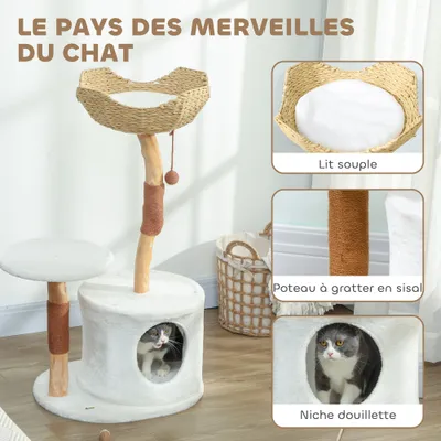 PawHut - Arbre à chat en bois naturel avec griffoirs et panier tressé PawHut - Arbre à chat en bois naturel avec griffoirs et panier tressé