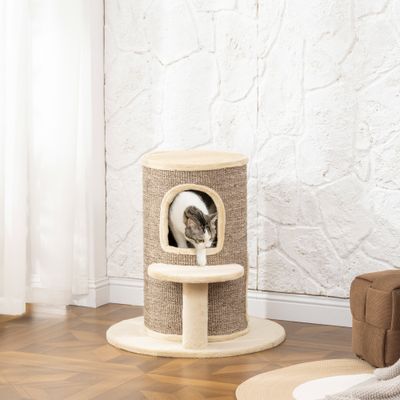 PawHut - Arbre à chat tonneau 2 niveaux et plateforme - H.61cm - beige