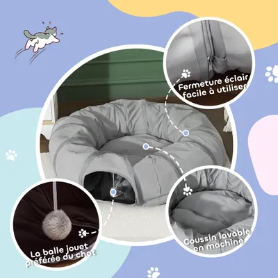 PawHut - Tunnel chat intérieur lit pliable, coussin et balle suspendue-gris