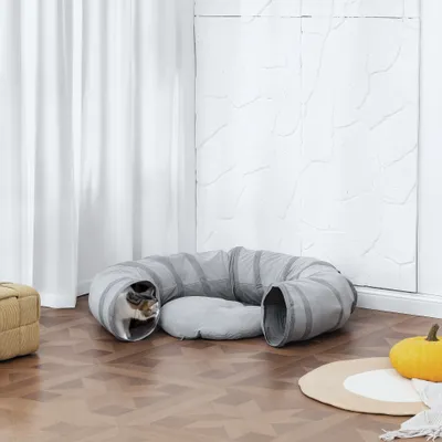 PawHut - Tunnel chat intérieur lit pliable, coussin et balle suspendue-gris