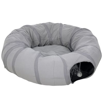 PawHut - Tunnel chat intérieur lit pliable, coussin et balle suspendue-gris