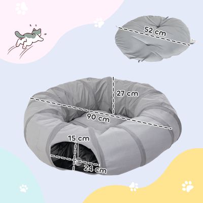 PawHut - Tunnel chat intérieur lit pliable, coussin et balle suspendue-gris
