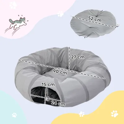 PawHut - Tunnel chat intérieur lit pliable, coussin et balle suspendue-gris