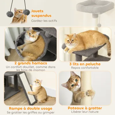 PawHut - Arbre à chat plateformes hamacs jouets griffoirs H.174cm - gris