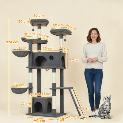 PawHut - Arbre à chat plateformes hamacs jouets griffoirs H.174cm - gris
