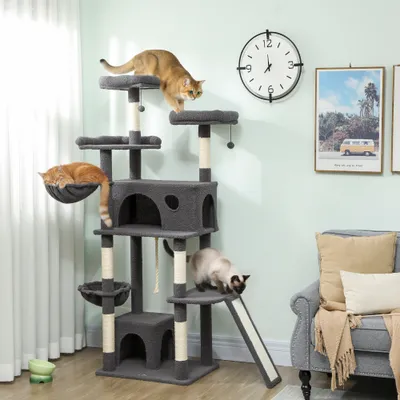PawHut - Arbre à chat plateformes hamacs jouets griffoirs H.174cm - gris