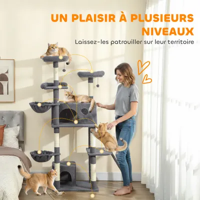 PawHut - Arbre à chat plateformes hamacs jouets griffoirs H.174cm - gris
